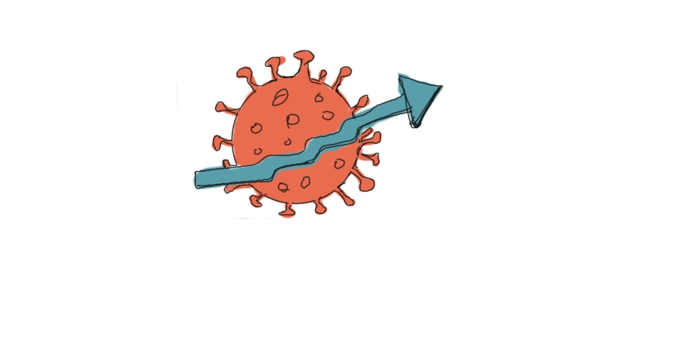 illustration of a covid virus with an arrow going up from left to right