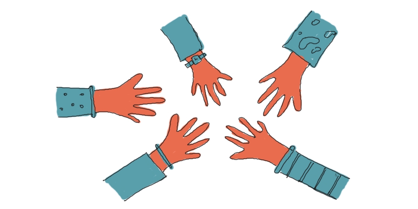 illustration of different people working together with 5 hands reaching to each other