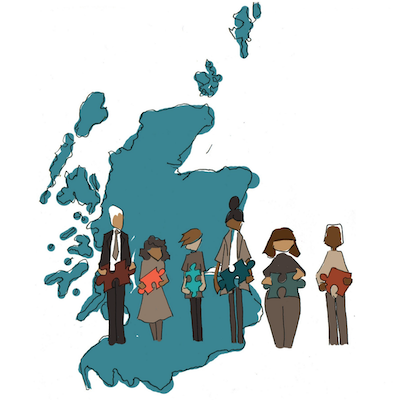 illustration — map of Scotland and in front 5 people with a jigsaw piece