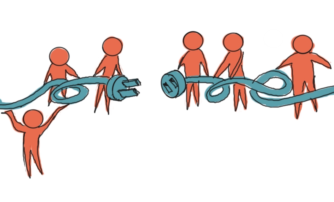 illustration with two teams of people holding a wire and not quite plugging both wires together