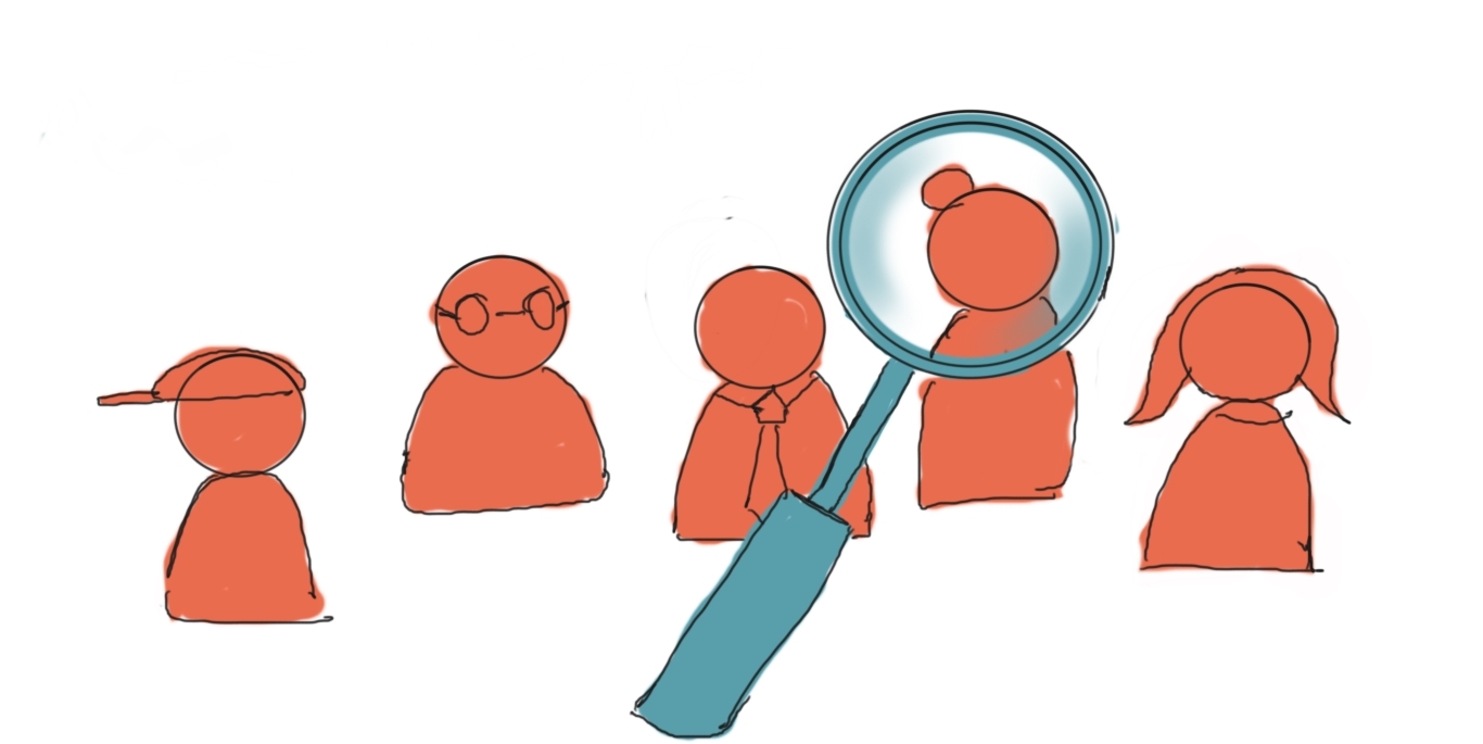 illustration of people with a magnifier above the group looking at one person in the group