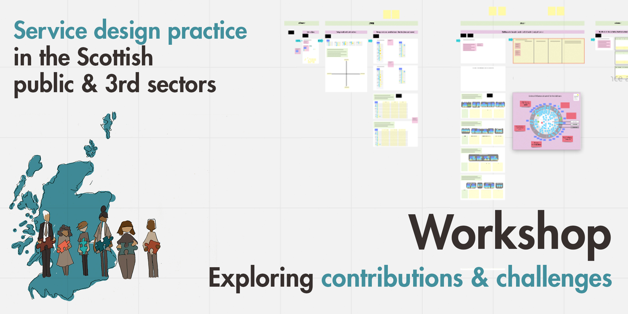 illustration — map of Scotland and in front 5 people with a jigsaw piece and miro board of activities for the workshop